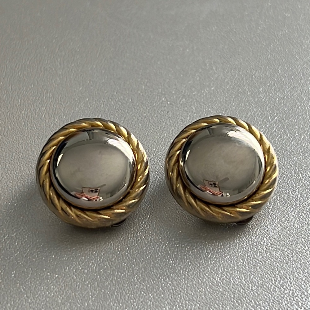 Vintage Gold Silver Rope Border Clip On Earrings Round Two Tone Costume Jewelry